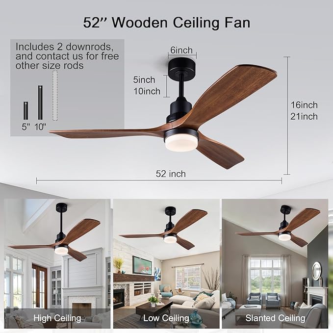 BOJUE 52 Inch Ceiling Fans with Lights and Remote (Black + Walnut)